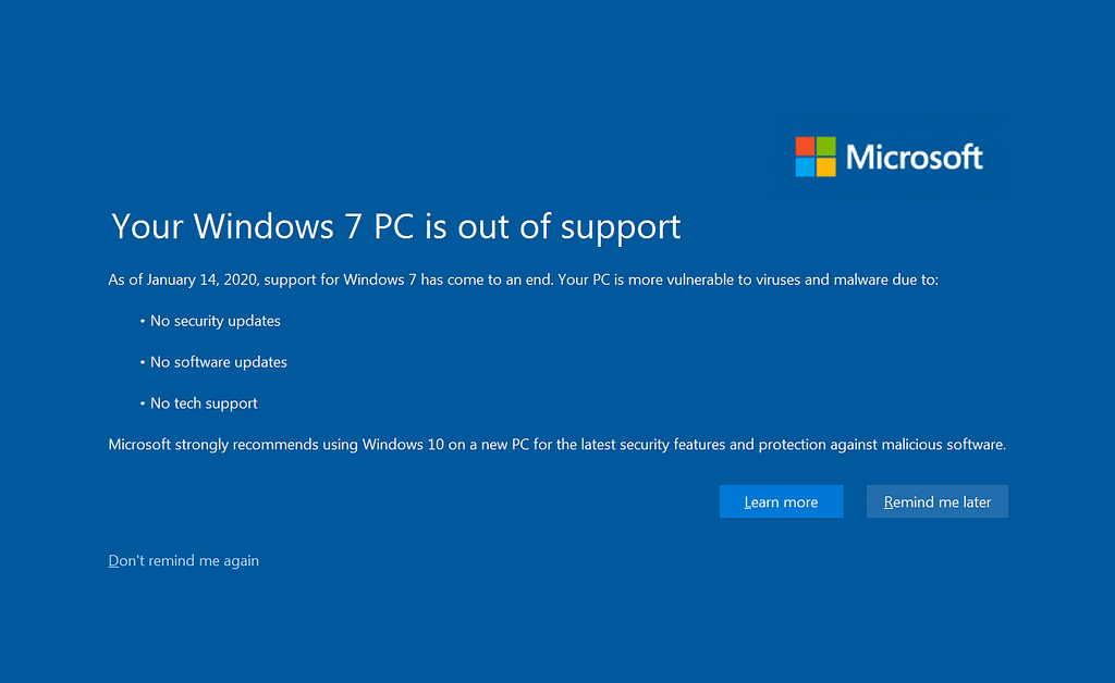 Windows 7 End of Life alert
